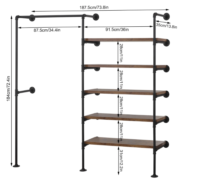 Industrieel Kledingrek met Legplanken – Wandmontage Kledingkast met Stalen Frame en Houten Panelen, 187 cm Hoog