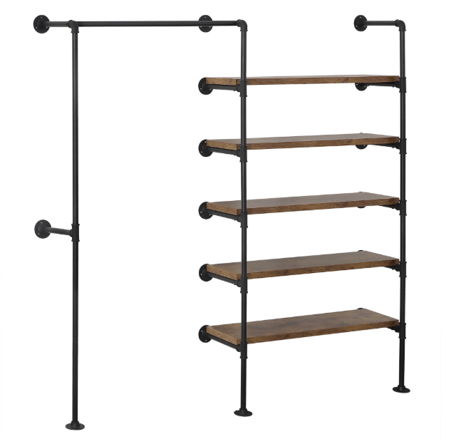 Industrieel Kledingrek met Legplanken – Wandmontage Kledingkast met Stalen Frame en Houten Panelen, 187 cm Hoog