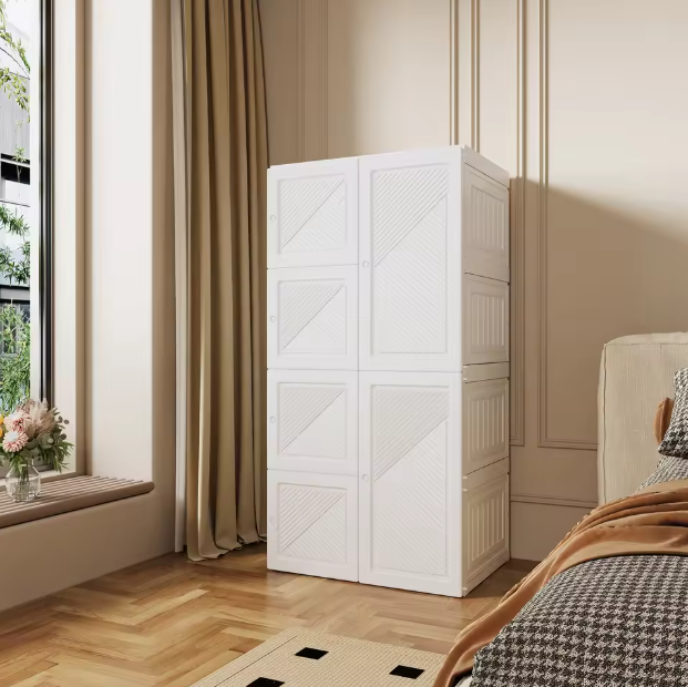 Opvouwbare Witte Kledingkast – Draagbare Garderobekast met Verborgen Kledingroede en Stevige PP-Constructie, 136 cm Breed