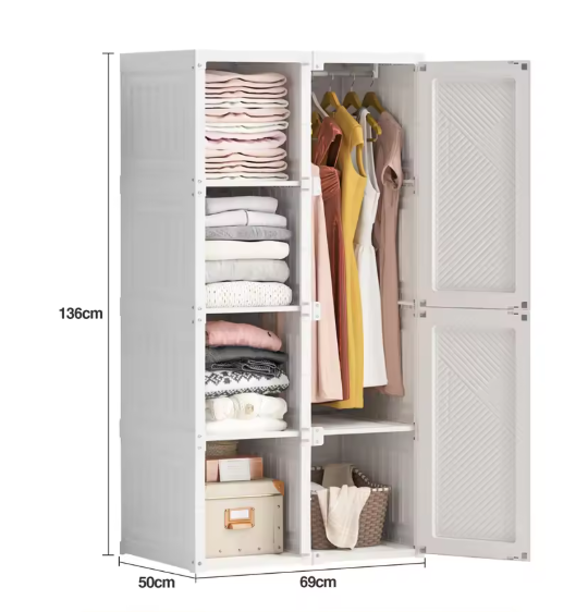 Opvouwbare Witte Kledingkast – Draagbare Garderobekast met Verborgen Kledingroede en Stevige PP-Constructie, 136 cm Breed