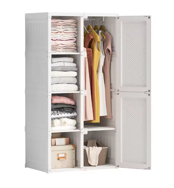 Opvouwbare Witte Kledingkast – Draagbare Garderobekast met Verborgen Kledingroede en Stevige PP-Constructie, 136 cm Breed