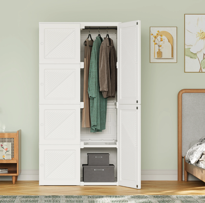 Opvouwbare Witte Kledingkast – Draagbare Garderobekast met Verborgen Kledingroede en Stevige PP-Constructie, 136 cm Breed