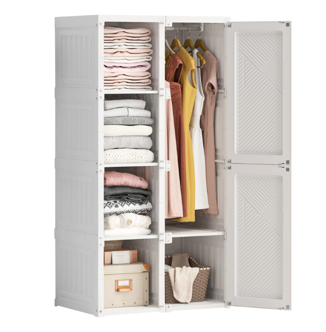Opvouwbare Witte Kledingkast – Draagbare Garderobekast met Verborgen Kledingroede en Stevige PP-Constructie, 136 cm Breed