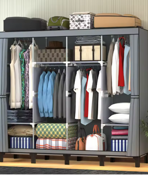 Opvouwbare Stoffen Kledingkast met 15 Vakken – Canvas Garderobekast met Kledingroede en Lades, 130x45x170 cm