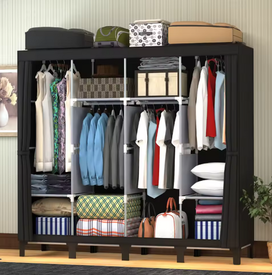 Opvouwbare Canvas Kledingkast – Stoffen Garderobekast met Metalen Frame en Meerdere Opbergvakken, 175 cm Hoog