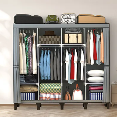 Opvouwbare Canvas Kledingkast – Stoffen Garderobekast met Metalen Frame en Meerdere Opbergvakken, 175 cm Hoog