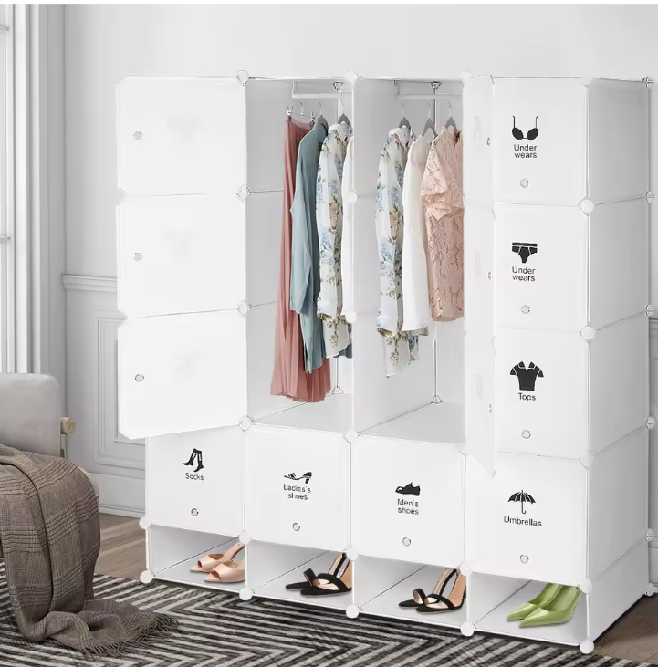 Modulaire Kledingkast met 16 Vakken – Kunststof Opbergkast en Schoenenkast, 162 cm Hoog