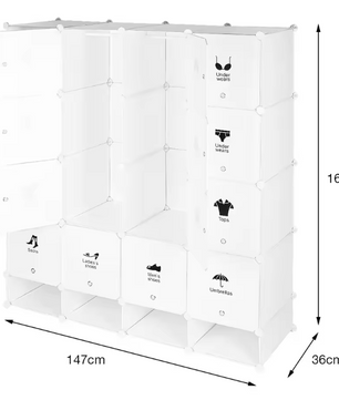 Modulaire Kledingkast met 16 Vakken – Kunststof Opbergkast en Schoenenkast, 162 cm Hoog