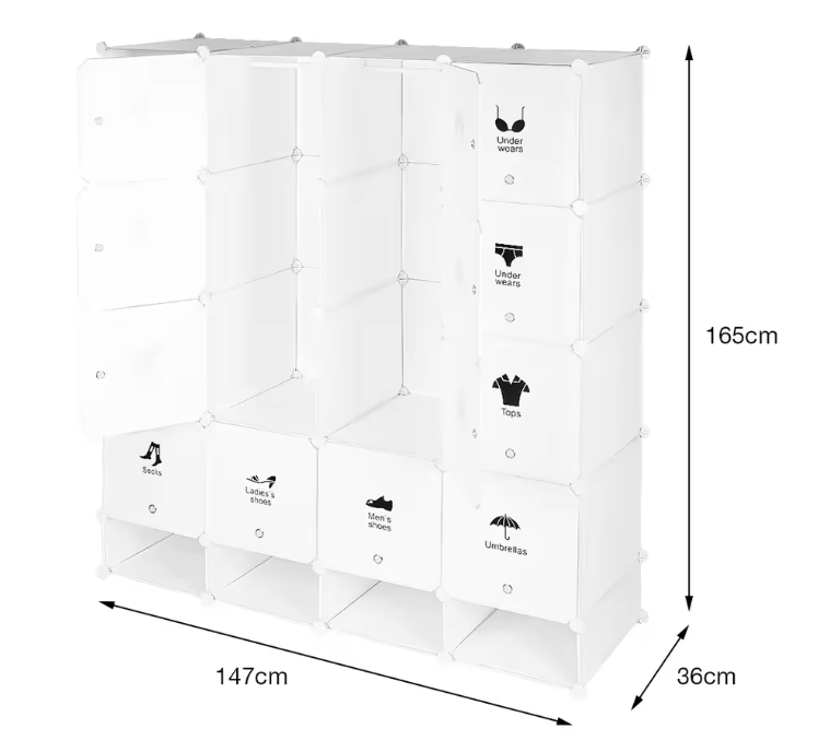 Modulaire Kledingkast met 16 Vakken – Kunststof Opbergkast en Schoenenkast, 162 cm Hoog