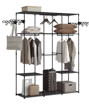 Zwarte Open Kledingkast met Legplanken – Metalen Garderoberek met Haken en Stoffen Opbergvakken, 178 cm Hoog