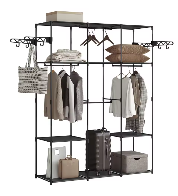 Zwarte Open Kledingkast met Legplanken – Metalen Garderoberek met Haken en Stoffen Opbergvakken, 178 cm Hoog