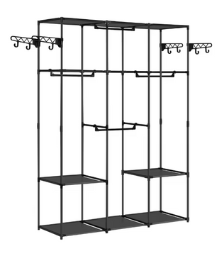 Zwarte Open Kledingkast met Legplanken – Metalen Garderoberek met Haken en Stoffen Opbergvakken, 178 cm Hoog