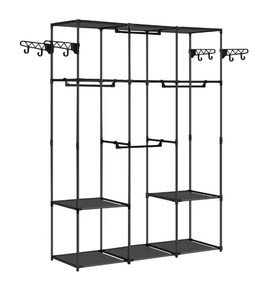 Zwarte Open Kledingkast met Legplanken – Metalen Garderoberek met Haken en Stoffen Opbergvakken, 178 cm Hoog