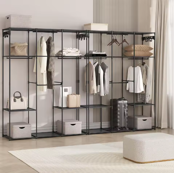 Zwarte Open Kledingkast met Legplanken – Metalen Garderoberek met Haken en Stoffen Opbergvakken, 178 cm Hoog