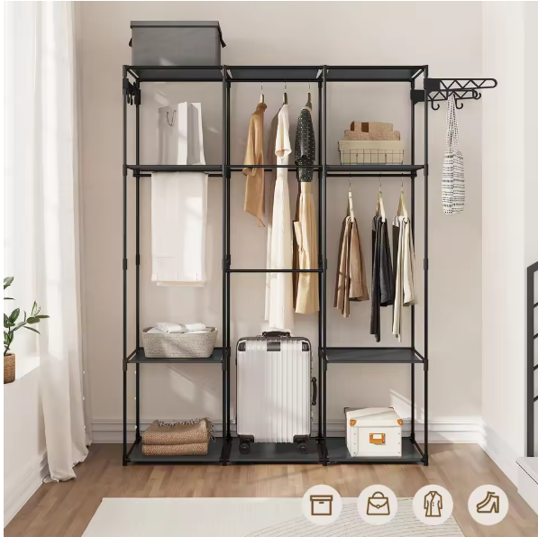 Zwarte Open Kledingkast met Legplanken – Metalen Garderoberek met Haken en Stoffen Opbergvakken, 178 cm Hoog