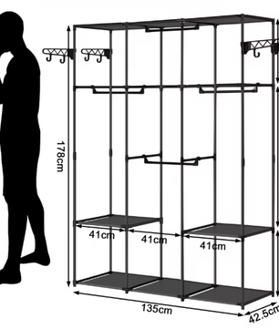 Zwarte Open Kledingkast met Legplanken – Metalen Garderoberek met Haken en Stoffen Opbergvakken, 178 cm Hoog
