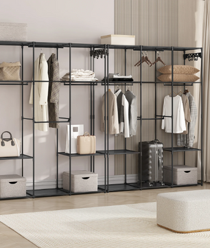 Zwarte Open Kledingkast met Legplanken – Metalen Garderoberek met Haken en Stoffen Opbergvakken, 178 cm Hoog