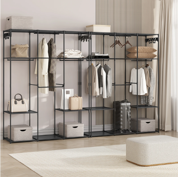 Zwarte Open Kledingkast met Legplanken – Metalen Garderoberek met Haken en Stoffen Opbergvakken, 178 cm Hoog