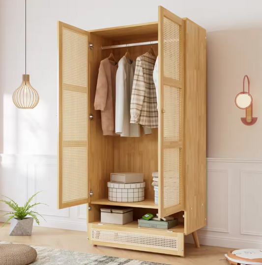 Rotan Kledingkast met 2 Deuren – Natuurlijke Garderobekast met Kledingroede en Opbergvak, 90x45x183 cm
