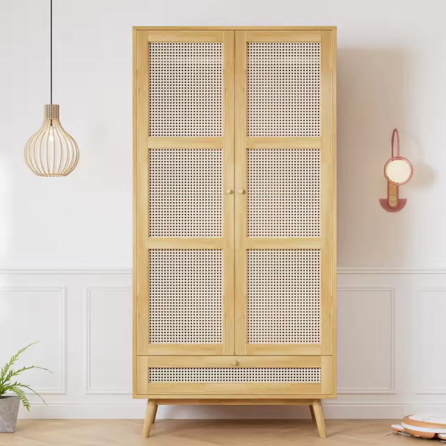 Rotan Kledingkast met 2 Deuren – Natuurlijke Garderobekast met Kledingroede en Opbergvak, 90x45x183 cm
