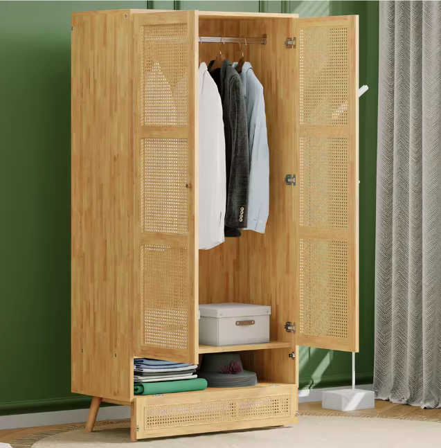 Rotan Kledingkast met 2 Deuren – Natuurlijke Garderobekast met Kledingroede en Opbergvak, 90x45x183 cm