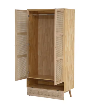 Rotan Kledingkast met 2 Deuren – Natuurlijke Garderobekast met Kledingroede en Opbergvak, 90x45x183 cm