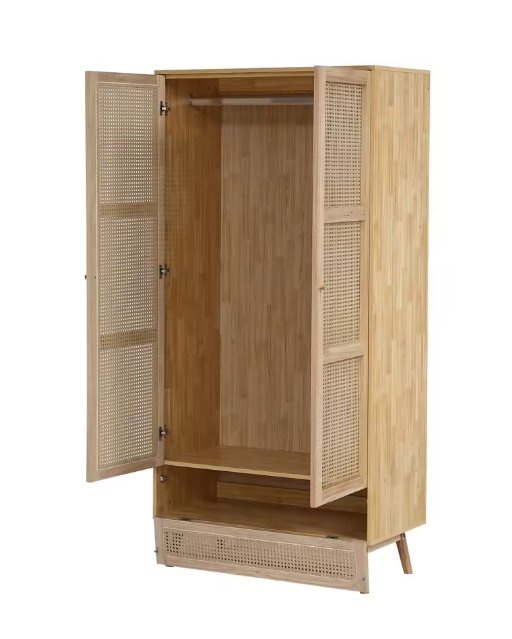 Rotan Kledingkast met 2 Deuren – Natuurlijke Garderobekast met Kledingroede en Opbergvak, 90x45x183 cm