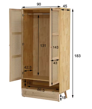 Rotan Kledingkast met 2 Deuren – Natuurlijke Garderobekast met Kledingroede en Opbergvak, 90x45x183 cm