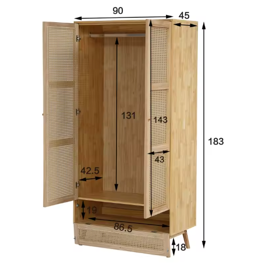 Rotan Kledingkast met 2 Deuren – Natuurlijke Garderobekast met Kledingroede en Opbergvak, 90x45x183 cm