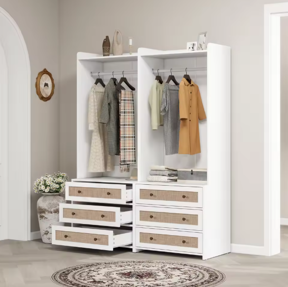 Witte Boho Kledingkast met 3 Lades – Garderobekast met Kledingroede en Opbergplank, 180 cm Hoog