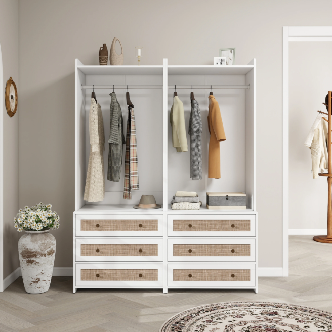 Witte Boho Kledingkast met 3 Lades – Garderobekast met Kledingroede en Opbergplank, 180 cm Hoog