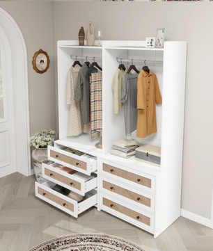 Witte Boho Kledingkast met 3 Lades – Garderobekast met Kledingroede en Opbergplank, 180 cm Hoog