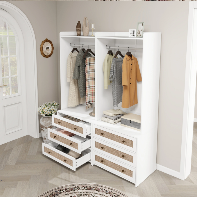 Witte Boho Kledingkast met 3 Lades – Garderobekast met Kledingroede en Opbergplank, 180 cm Hoog