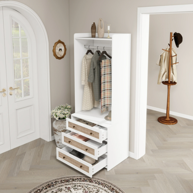 Witte Boho Kledingkast met 3 Lades – Garderobekast met Kledingroede en Opbergplank, 180 cm Hoog