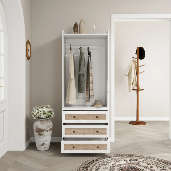 Witte Boho Kledingkast met 3 Lades – Garderobekast met Kledingroede en Opbergplank, 180 cm Hoog