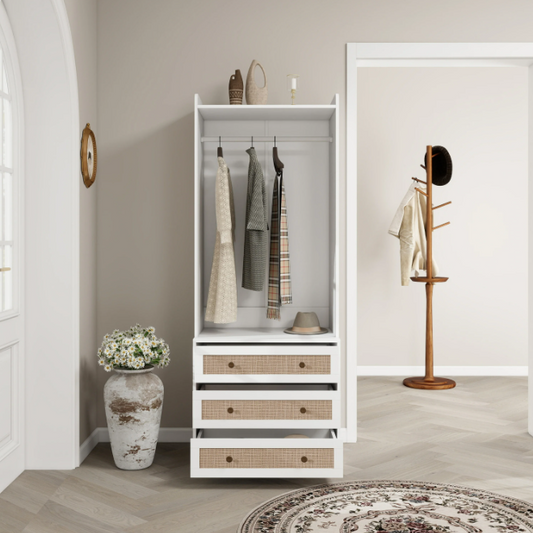 Witte Boho Kledingkast met 3 Lades – Garderobekast met Kledingroede en Opbergplank, 180 cm Hoog