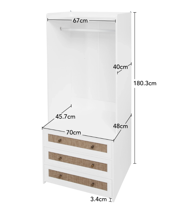 Witte Boho Kledingkast met 3 Lades – Garderobekast met Kledingroede en Opbergplank, 180 cm Hoog