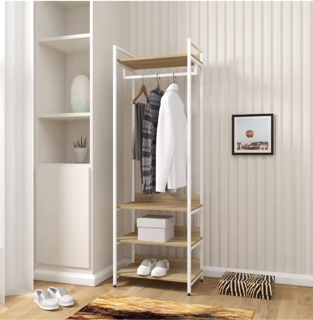 Open Kledingrek met 3 Legplanken – Industriële Garderobekast met Kledingroede en Schoenenrek, 170 cm Hoog