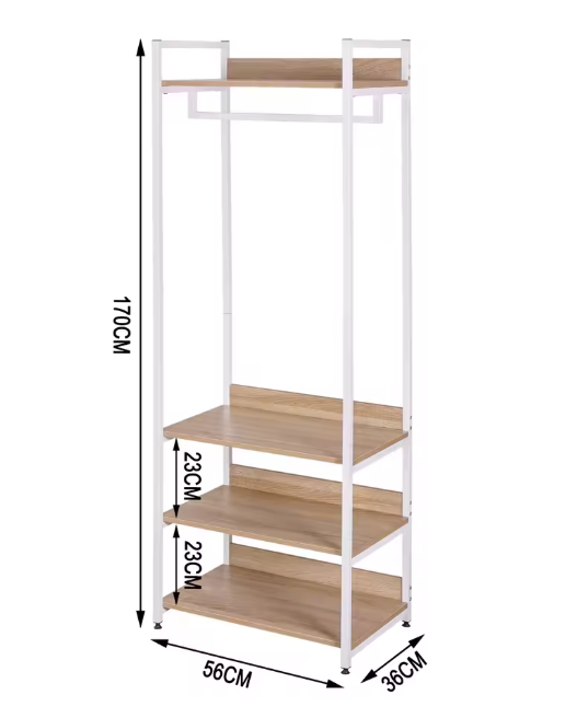 Open Kledingrek met 3 Legplanken – Industriële Garderobekast met Kledingroede en Schoenenrek, 170 cm Hoog