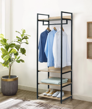 Open Kledingrek met 3 Legplanken – Industriële Garderobekast met Kledingroede en Schoenenrek, 170 cm Hoog