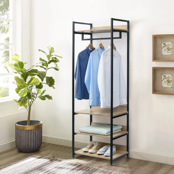 Open Kledingrek met 3 Legplanken – Industriële Garderobekast met Kledingroede en Schoenenrek, 170 cm Hoog