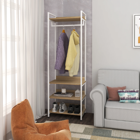 Open Kledingrek met 3 Legplanken – Industriële Garderobekast met Kledingroede en Schoenenrek, 170 cm Hoog