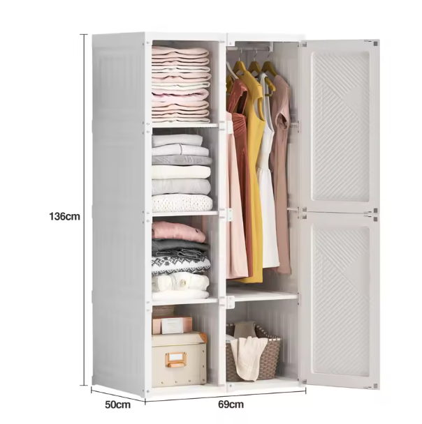 Opvouwbare Witte Kledingkast – 6 Deuren en 6 Vakken 69x50x136 cm