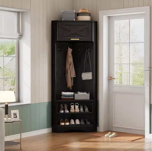 Moderne Hal Kledingkast met 4 Haken – Zwart en Houtlook 180 cm