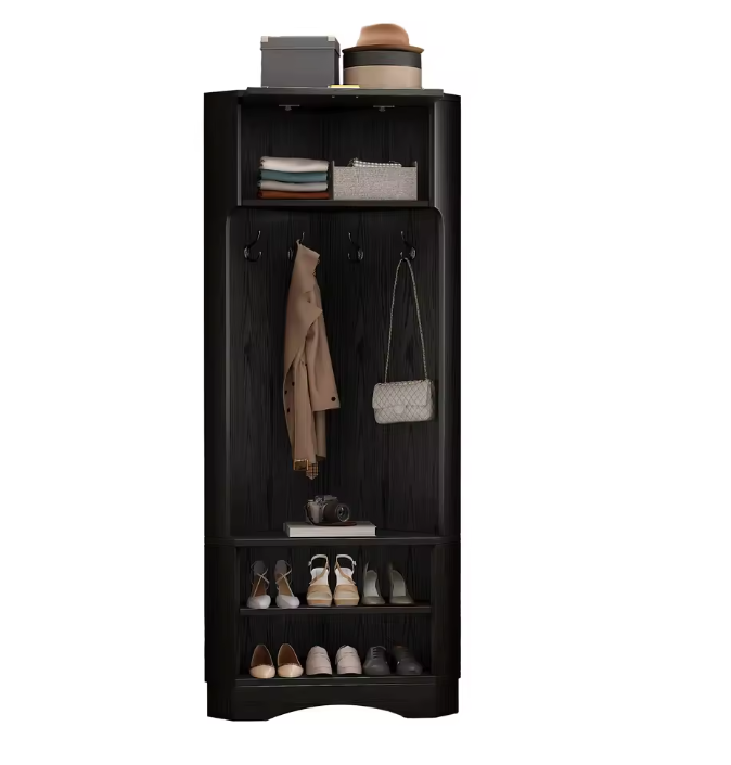 Moderne Hal Kledingkast met 4 Haken – Zwart en Houtlook 180 cm