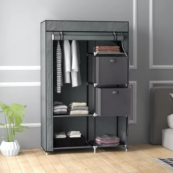 Opvouwbare Stoffen Kledingkast met Hangroede en 6 Planken – 102x42,5x162,5 cm