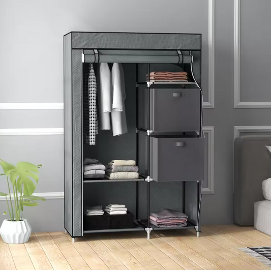 Opvouwbare Stoffen Kledingkast met Hangroede en 6 Planken – 102x42,5x162,5 cm