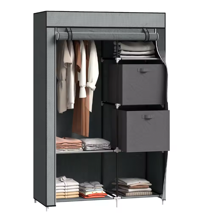 Opvouwbare Stoffen Kledingkast met Hangroede en 6 Planken – 102x42,5x162,5 cm