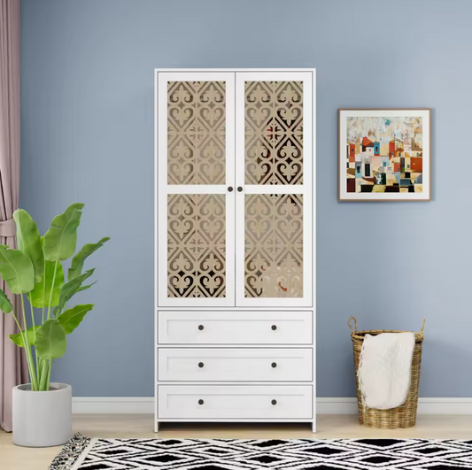 Witte Rotan Kledingkast met 3 Lades – 80x48x180 cm