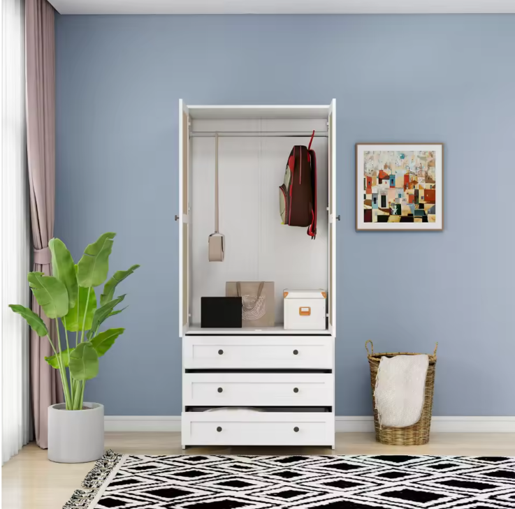 Witte Rotan Kledingkast met 3 Lades – 80x48x180 cm